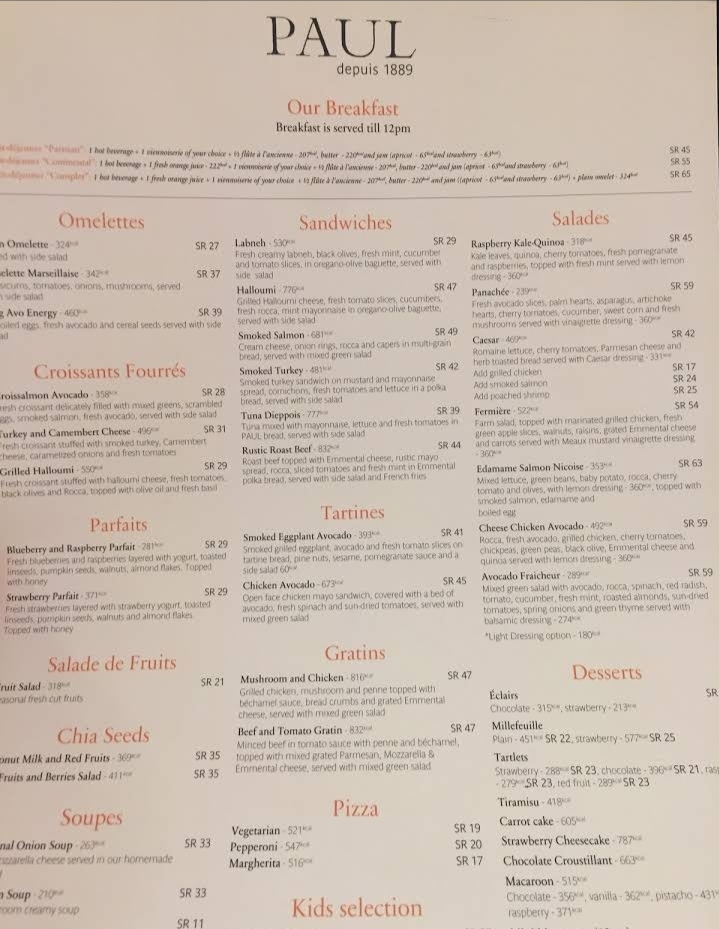 Paul Riyadh restaurant menu