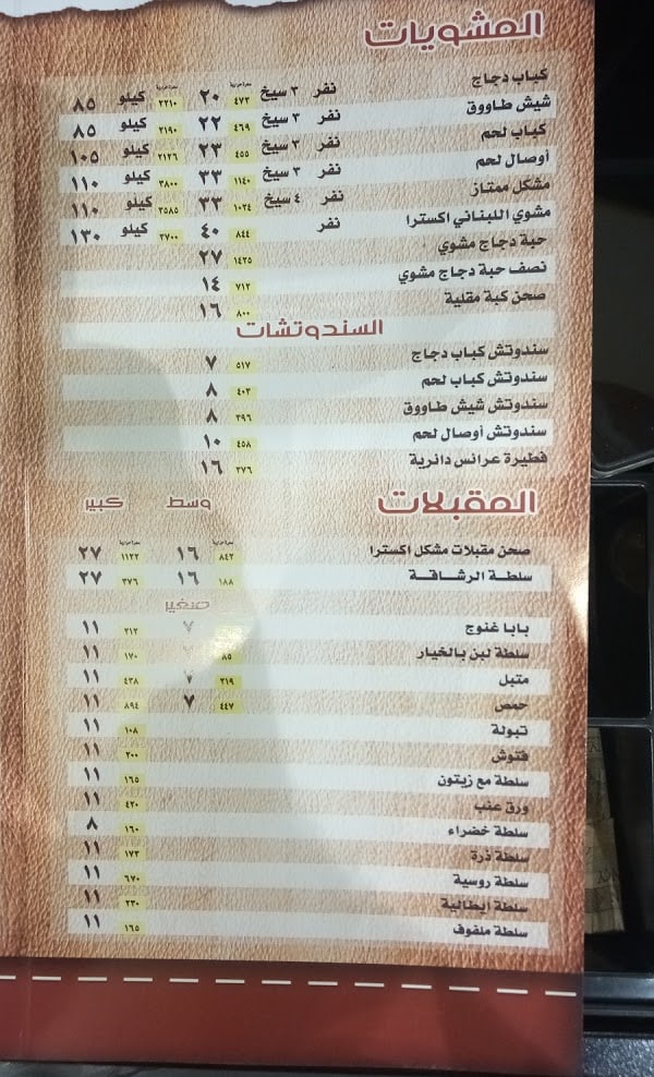 منيو  مطعم مشاوي اللبناني المدينة